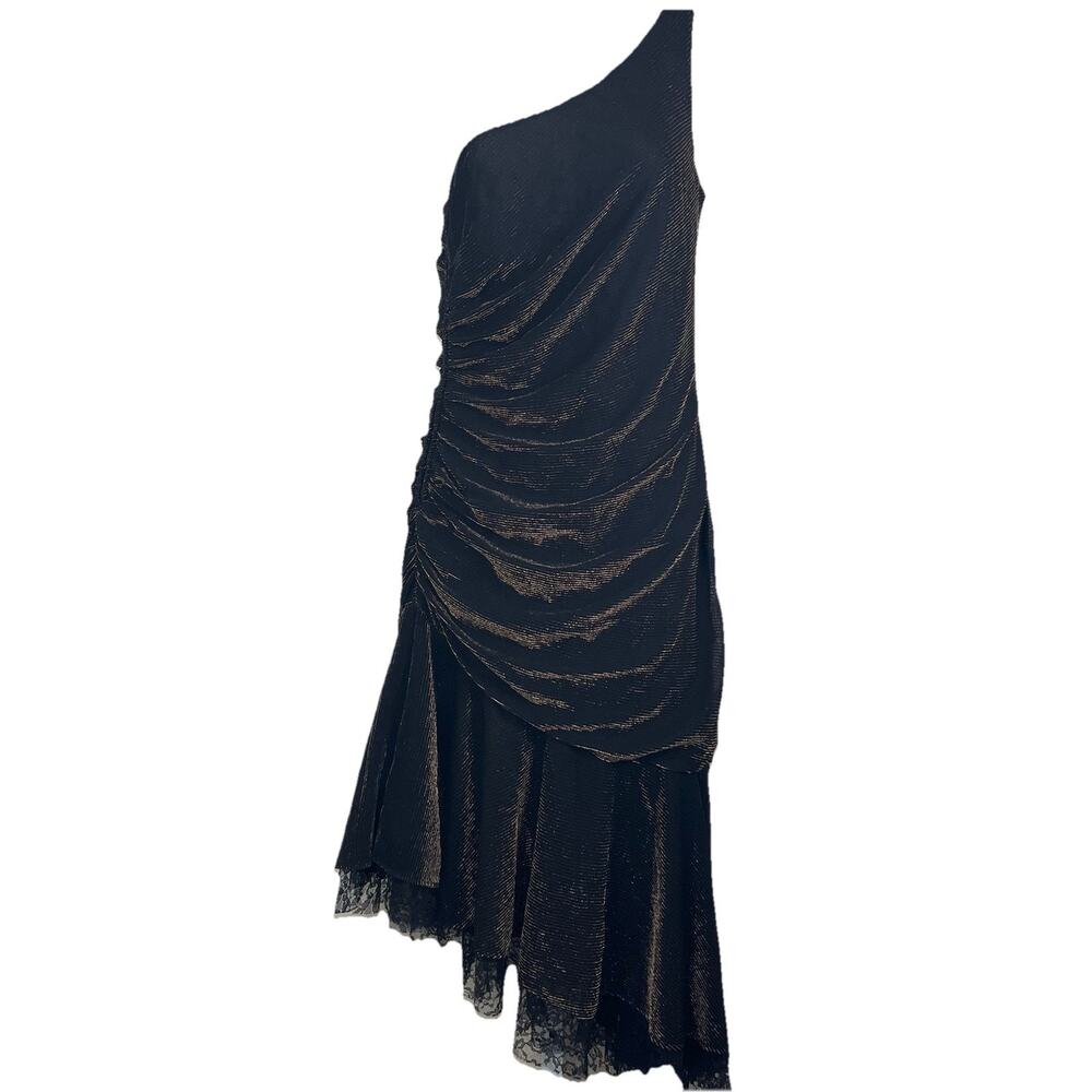 Vintage 80s One Shoulder Metallic Ruched Asymmetrical Bodycon Dress 7/8 Stash